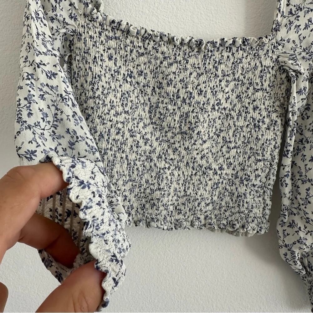 Reformation White and Blue Floral Smocked Square-Neck Blouse